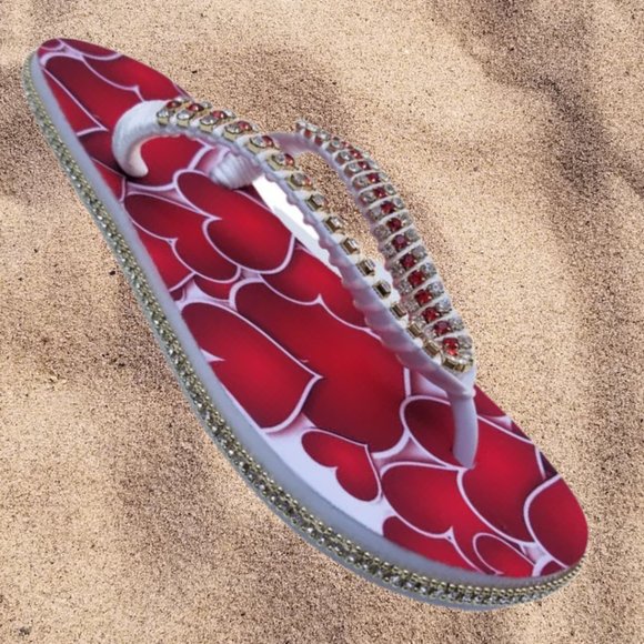 Women's Luxury Flip Flops with hearts, crystals and rhinestones, all occasions. - Picture 9 of 17
